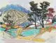 Johannes Sass, Baumbestandene Hügellandschaft, 1956, Aquarell auf Bütten