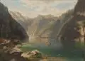 H. Moser, Idyll am Königssee mit Blick zum Watzmann. Wohl um 1885, Öl auf Leinwand