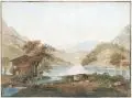 Traugott Faber, Karl Traugott Faber (zugeschr.), Elblandschaft mit Schaf- und Ziegenhirten, Um 1800, Kolorierte Umrißradierung