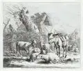 Johann Elias Ridinger, Schafe und Esel vor einer Hütte, nach Heinrich Roos, Um 1740, Kupferstich nach J