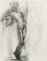 Paul Schad-Rossa, Drei Aktzeichnungen. Ohne Jahr, Graphitzeichnungen und eine Kreidezeichnung in Blau auf chamoisfarbenem Bütten, ein Blatt mit Prägestempel von Adrian Brugger, München
