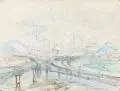 Albert Klatt, Industrielandschaft, 1922, Farbige Pastellkreide und Federzeichnung in schwarzer Tusche