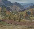 Siegfried Donndorf, Mittelgebirgslandschaft, 1953, Öl auf Leinwand