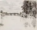 Rudolf Dellit, Parklandschaft/ Flußlandschaft mit Brücke/ Mittelgebirgslandschaft, Um 1925, Kohlezeichnungen auf gelblichem bzw. gräulichem Bütten