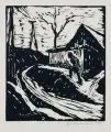 Walter Determann, (zugeschr.), Landschaft mit Bauernhaus und Strommasten/ Hängebirke, 1920, Holzschnitte auf chamoisfarbenem Bütten bzw