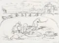 Heinrich Linzen, Waschfrauen/ Schafe auf der Weide, 1919, Graphitzeichnungen auf dünnem Papier/ Radierung auf Kupferdruckpapier