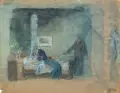 Karl Hahn, Trauer am Totenbett. Mitte 20. Jh, Aquarell über Bleistift auf hellbraunem Velin