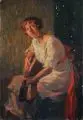 Johannes Mogk, Junge Frau mit Gitarre, Um 1910, Öl auf Leinwand, auf Malpappe aufgezogen