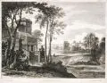 Adam Pérelle, (zugeschr.), Landschaft mit Regenschauer und Schweinehirten/ Landschaft mit einer Stadt im Hintergrund. 2. H. 17. Jh, Radierungen, ein Blatt mit Wasserzeichen (Textbanderole über Wappenschild)