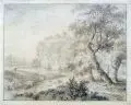 Johann Kaspar Huber, Baumbestandenes Flußtal mit Blick auf eine Festung, Um 1800, Bleistiftzeichnung und Tusche auf dünnem Bütten mit Wasserzeichen