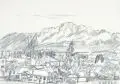 Walter Jacob, Dorf am Bergmassiv, 1928, Kohlezeichnungen auf festem, chamoisfarbenen Papier