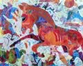 Leonore Adler, rotes Pferd, springend, 1992, Gouache und Farbkreidezeichnung auf Papier