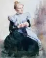 Max Handrick, Häckelndes Mädchen. Anfang 20. Jh, Aquarell über Bleistift auf Bütten