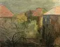 Richard Sander, Häuser im Nebel, Öl auf Hartfaser