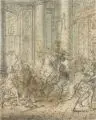 Matthias Scheits, Vertreibung des Helidor aus der Tempel (Makk 2,3), Um 1672, Lavierte Federzeichnung in Sepia über Graphit
