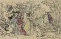 August Leopold Venus, Leopold Venus, Lautenspieler in einem Renaissancepark, Um 1860, Aquarellierte Federzeichnung über Blei, partiell mit Farbstift übergangen