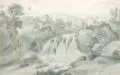 Johann Kaspar von Bemmel, Landschaft mit Wasserfall. 2. H. 18. Jh, Bleistiftzeichnung, grau laviert