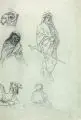 Charles Feodor Welsch, (zugeschr.), Skizzen aus Ägypten, Um 1875, Graphitzeichnung auf grauem Papier