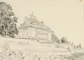 Richard Paul c, Pillnitz, Kohlezeichnung / Federzeichnung in Tusche auf dünnem Papier. "Pillnitz" in Blei signiert u.re. "Burkhardt-Untermhaus", datiert und betitelt. "Körnerhaus" in Ble
