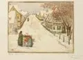 Margarethe Geibel, Margarete Geibel, Dorfstraße im Winter, Um 1910, Farbholzschnitt auf Japan