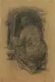 Henry Muhrmann, (zugeschr.), Hockende Frau, den Ofen anheizend. Wohl um 1900, Kohlezeichnung auf dunkelbraunem, dünnen Papier