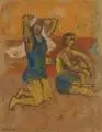 Hans Jüchser, Am Strand, 1953, Farbmonotypie auf grünlich-grauem, leicht strukturiertem Papier