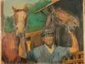 Curt Schulz-Steglitz, Bauer, zwei Pferde haltend, 1946, Mischtechnik