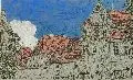 A. Scheinert, Meissen - Blick auf den Pfarrhof vom Eingang Fürstenschule, 1908, Federzeichnung in Tusche und Gouache auf grauem Papier