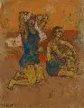 Hans Jüchser, Am Strand, 1953, Farbmonotypie auf grünlich-grauem, leicht strukturiertem Papier