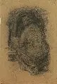 Henry Muhrmann, (zugeschr.), Rückenansicht einer hockenden Frau, die anheizt. Wohl um 1900, Kohlezeichnung auf dunkelbraunem, dünnen Papier