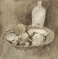 Jutta Walther-Schönherr, Stilleben mit Muscheln und Flasche, 1976, Aquarell und Federzeichnung in Tusche