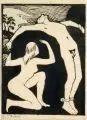 Paul Schondorff, An den Stein Gefesselter und kniende Frau. Wohl 1930er Jahre, Holzschnitt, koloriert