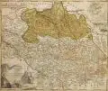 Johann Baptist Homann, Totius Marchionatus Lusatiae tam superioris quam inferioris. Tabula specialis in suos Comitatus et Dominatus distineta, 1716, Kupferstich, koloriert. "…Revisa et aucta a Viro Clarissimo Dom