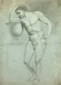 Moritz Steinla, Männlicher Akt an eine Schale lehnend, Um 1820, Bleistiftzeichnung, weiß gehöht