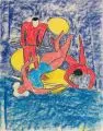Rudolf Möller, Drei Artisten auf Blau. Ohne Jahr, Farbkreidezeichnung