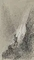 Charles Feodor Welsch, Am Wasserfall, Um 1870, Graphitzeichnung auf grauem Papier, weiß gehöht