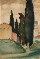 Josef Goller, Zypressen zwischen Häusern, Um 1910, Aquarell