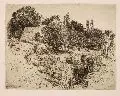 Louis Daguerre, Bruno Héroux, Dörfliche Landschaft, Um 1920, Radierung in Braun