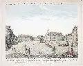 Gottlieb Friedrich Riedel, Guckkastenblatt: Ansicht des Marckt-Plazes in der Neu-Stadt bey Dresden, Um 1760, Altkolorierter Kupferstich