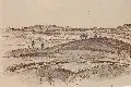 Erhard Dörner, Hügellandschaft, Um 1920, Federzeichnung in brauner Tusche, laviert, auf gelblichem Papier