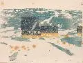 Siegfried Mackowsky, Gebirgsbauten im Winter, Um 1910, Farbholzschnitt auf grünem Japan
