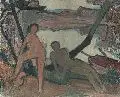 Johannes Sass, Drei Menschen am Waldsee, 1952, Öl auf Rupfen