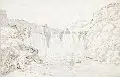 Jacob Philipp Hackert, Wasserfall des Liris bei Isola Sora, Federzeichnung in brauner Tusche, laviert