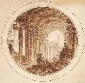 Jean Henry Alexandre Pernet, Cappriccio mit Tempelruinen und Figuren, Um 1765, Federzeichnung in grauer Tusche, aquarelliert