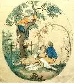 Johann Heinrich Ramberg, Überraschtes Liebespaar unter einem Birnbaum, 1799, Aquarellierte Umrißradierung