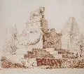 Friedrich (Frédéric) Reclam, Antikes Bauwerk - Löwendenkmal mit Pyramide, Rötelzeichnung