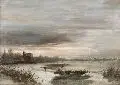 Ferdinand Lindner, Landschaft mit Fluß und Stadtsilhouette, Öl auf Leinwand