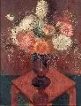 Ludwig ten Hompel, Dahlien in roter Glasvase, 1928, Öl auf Leinwand