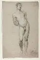 Moritz Steinla, Männlicher Akt, rückwärts an einer Wand lehnend, Um 1820, Bleistiftzeichnung, weiß gehöht