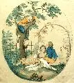 Überraschtes Liebespaar unter einem Birnbaum by Johann Heinrich Ramberg, 1799, Aquarellierte Umrißradierung, offered Sep 2005